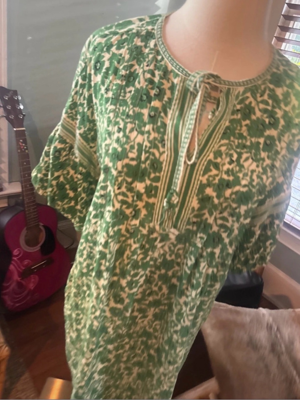 Max Studio Boho Green Floral Tie-Neck Women’s Mini Dress